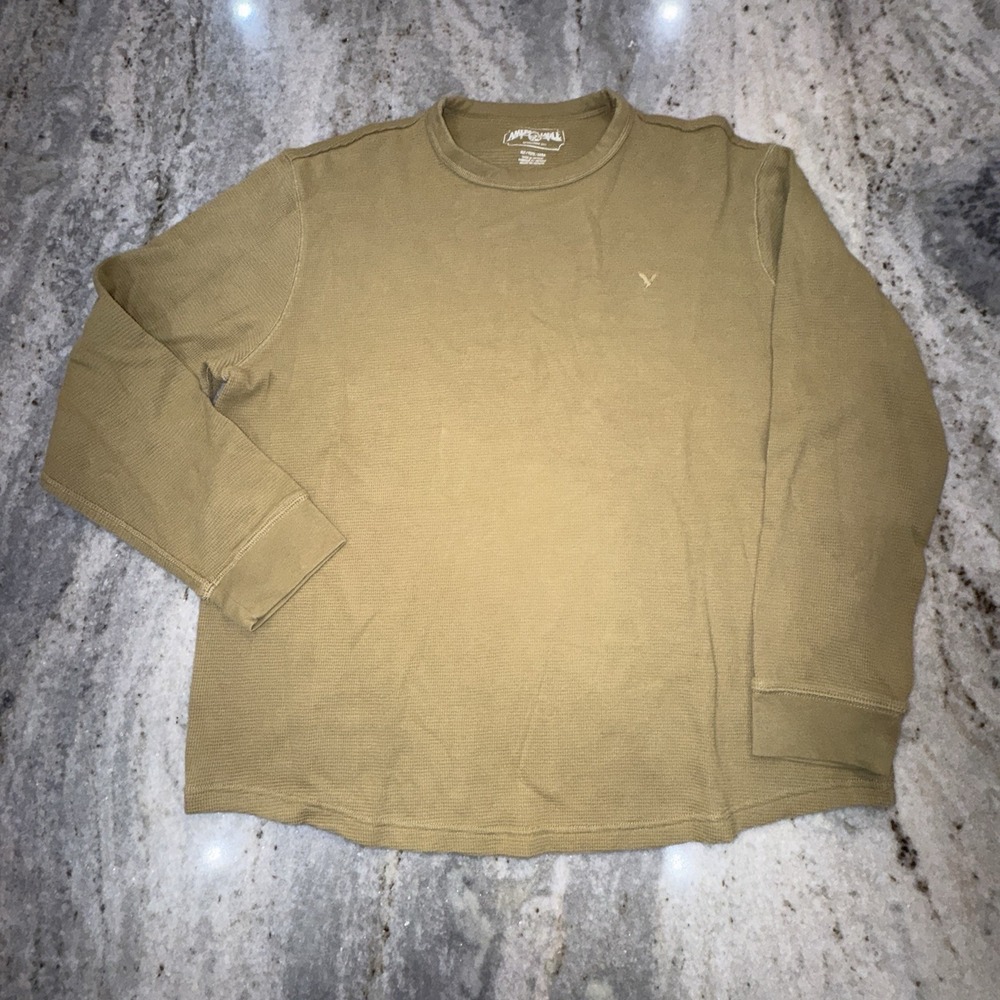 American Eagle Long Sleeve Thermal Shirt Waffle Knit Khaki Tan Men's Sz XL Logo